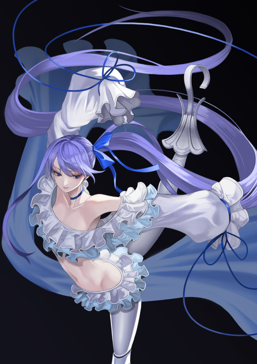1girl absurdres arm_up bangs bare_shoulders black_background blue_choker blue_eyes blue_ribbon breasts choker collarbone commentary_request djawnsgtlr earrings fate/grand_order fate_(series) floating_hair frilled_skirt frills hair_ribbon highres jewelry leg_up long_hair long_sleeves looking_down meltryllis meltryllis_(swimsuit_lancer)_(fate) navel parted_lips ponytail prosthesis puffy_sleeves purple_hair ribbon simple_background skirt small_breasts solo standing standing_on_one_leg straight_hair