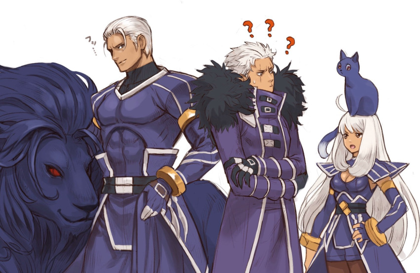 1girl 2boys ? ahoge cat dark_skin feather_trim genderswap genderswap_(mtf) hand_on_hip highres irakunoikura krizalid lion multiple_boys multiple_persona original_zero shoulder_pads the_king_of_fighters white_hair