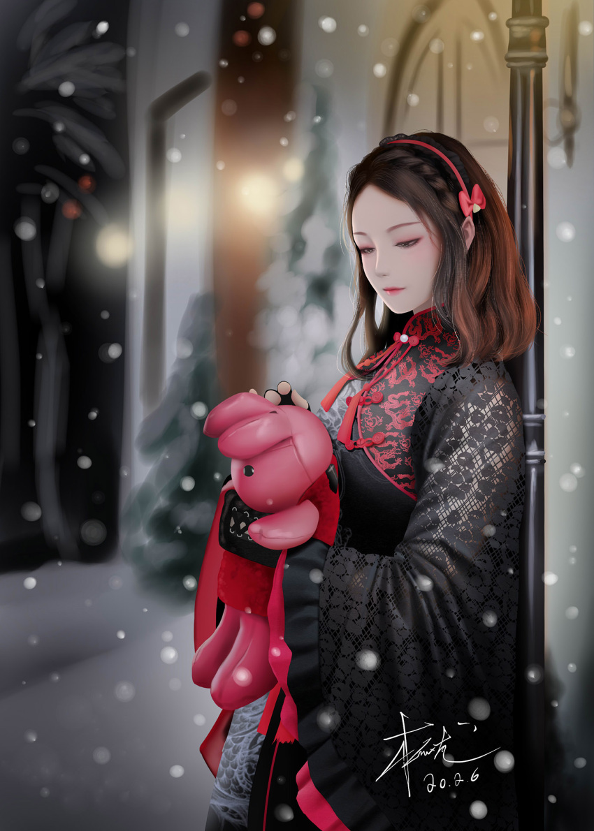 1girl blurry blurry_background brown_eyes brown_hair dated fingerless_gloves gloves hairband highres long_hair night original outdoors signature snowing solo standing stuffed_animal stuffed_toy wide_sleeves zyl