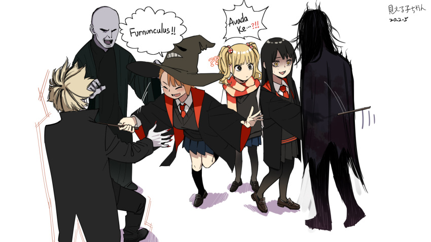 3boys 3girls black_footwear black_hair black_legwear blonde_hair brown_hair closed_eyes copyright_name cosplay crossover full_body ghost guazi harry_potter hat highres hogwarts_school_uniform kneehighs loafers long_hair mieruko-chan miniskirt multiple_boys multiple_girls necktie niguredou_julia open_mouth pantyhose parody pleated_skirt red_neckwear scared scarf school_uniform shoes simple_background skirt sorting_hat speech_bubble standing twintails wand white_background wizard_hat yellow_eyes yotsuya_miko yurikawa_hana