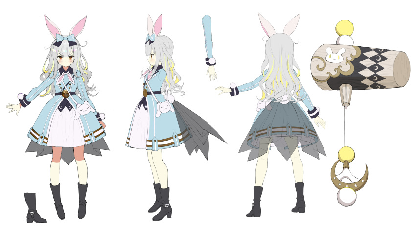 1girl :3 absurdres animal_ears antenna_hair black_footwear blue_bow blue_dress blush boots bow character_sheet closed_mouth cross-section dress eyebrows_visible_through_hair frown grey_hair hair_bow hammer high_heel_boots high_heels highres himari_song long_sleeves looking_at_viewer matsui_hiroaki mochizuki_himari neckerchief orange_eyes outstretched_arms pigeon-toed pom_pom_(clothes) pout rabbit_ears simple_background solo spread_arms standing virtual_youtuber white_background