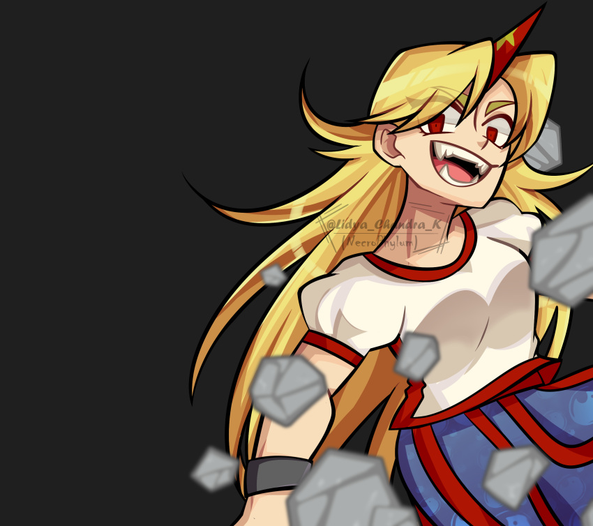 1girl :d artist_name bangs black_background blonde_hair blue_skirt blurry_foreground breasts commentary eyebrows_visible_through_hair fangs hair_between_eyes highres horn hoshiguma_yuugi long_hair looking_at_viewer medium_breasts necrophylum open_mouth puffy_short_sleeves puffy_sleeves red_eyes rock shirt short_sleeves simple_background skirt smile solo thick_eyebrows touhou twitter_username upper_body very_long_hair white_shirt