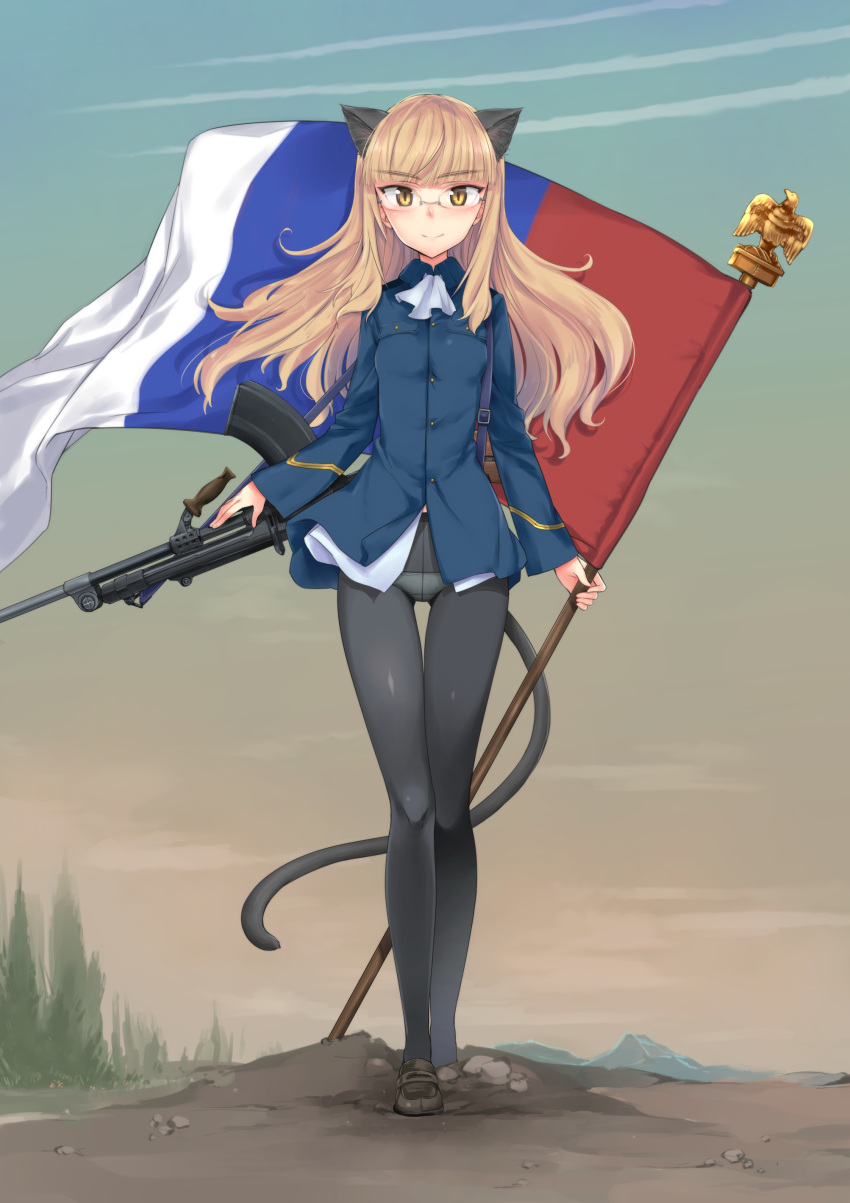 1girl absurdres animal_ears aohashi_ame black_legwear blonde_hair blush breasts cat_ears cat_tail closed_mouth eyebrows_visible_through_hair french_flag full_body gun highres long_hair looking_at_viewer military neckerchief outdoors panties panties_under_pantyhose pantyhose perrine_h_clostermann rifle shiny shiny_hair sky small_breasts smile solo standing strike_witches tail underwear uniform weapon white_neckwear white_panties world_witches_series yellow_eyes