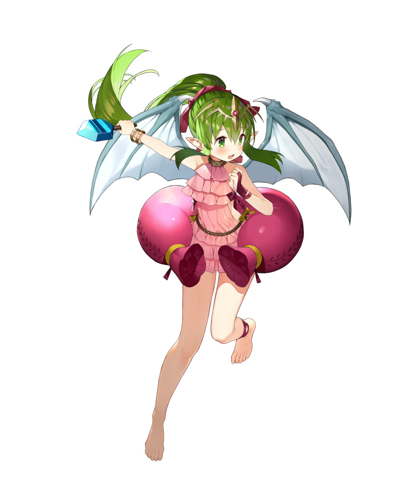 1girl :d ankleband bangs barefoot blush bracelet dress fire_emblem fire_emblem:_mystery_of_the_emblem fire_emblem_heroes floating_hair full_body green_eyes green_hair headpiece highres holding jewelry long_hair manakete matsui_hiroaki official_art open_mouth pink_dress pointy_ears ponytail short_dress smile solo standing standing_on_one_leg tiki_(fire_emblem) transparent_background wings
