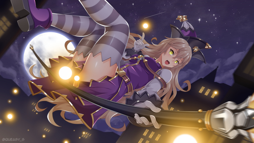 1girl :d belt blonde_hair building dress full_moon gloves hat highres long_hair looking_at_viewer magic maplestory maplestory_2 moon night open_mouth purple_dress purple_footwear queasy_s shiny shiny_skin shoes sidesaddle smile solo staff striped striped_legwear thigh-highs twitter_username wavy_hair white_gloves witch_hat wizard_(maplestory_2) yellow_eyes zettai_ryouiki