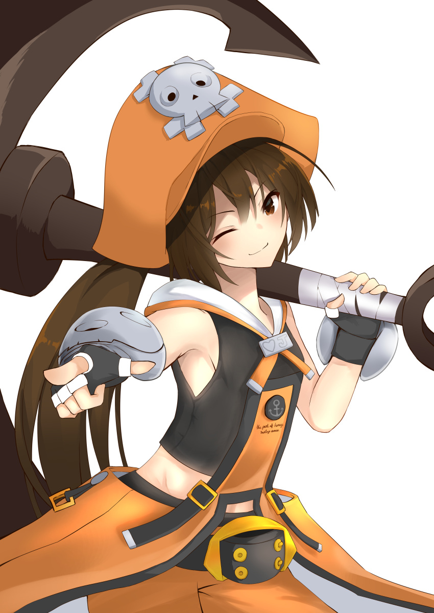 1girl absurdres anchor bangs belt belt_buckle black_gloves black_vest breasts brown_eyes brown_hair buckle facing_viewer fingerless_gloves fringe_trim gauntlets gloves guilty_gear guilty_gear_xrd gukurosawa01 hat highres holding holding_weapon huge_weapon long_hair looking_at_viewer may_(guilty_gear) midriff one_eye_closed orange_headwear orange_legwear pirate_hat pointing pointing_at_viewer skull_and_crossbones small_breasts smile solo standing upper_body vest weapon white_background