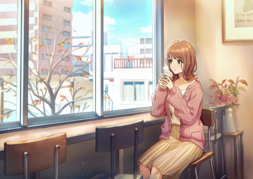 1girl autumn_leaves blue_sky brown_hair brown_skirt building clouds coffee_cup collarbone commentary_request cup day disposable_cup grey_eyes highres holding holding_cup indoors jacket long_hair long_sleeves looking_away looking_to_the_side on_chair open_clothes open_jacket original parted_lips pink_jacket pleated_skirt puffy_long_sleeves puffy_sleeves railing shirt shouhei sitting skirt sky sleeves_past_wrists solo tree white_shirt window