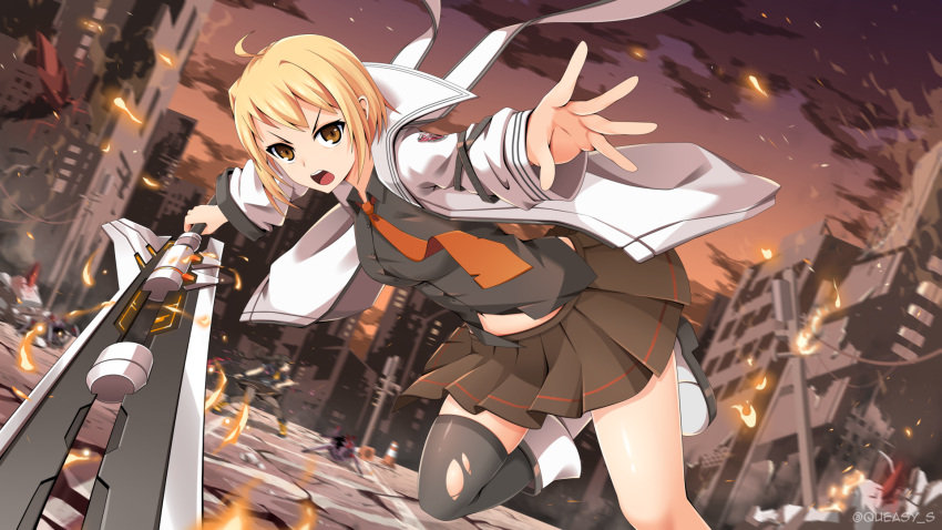 1girl angry black_legwear black_shirt blonde_hair boots brown_eyes brown_skirt building embers extra furrowed_eyebrows haru_estia highres holding holding_sword holding_weapon jacket knee_boots leg_lift looking_at_viewer necktie open_mouth orange_neckwear outdoors outstretched_hand pleated_skirt queasy_s road running shirt short_hair single_thighhigh skirt smoke solo_focus soul_worker street sword thigh-highs torn_clothes torn_legwear traffic_cone twitter_username weapon white_footwear white_jacket