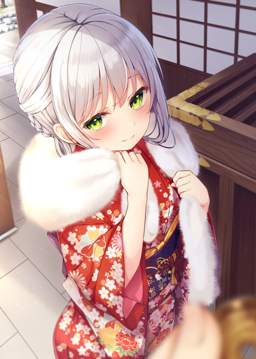 1girl absurdres bangs blurry_foreground blush box braid closed_mouth commentary_request donation_box eyebrows_visible_through_hair floral_print fur_scarf green_eyes hatsumoude highres holding_coin japanese_clothes kimono looking_at_viewer obi original outdoors print_kimono red_kimono sash scarf school_uniform solo_focus standing tsuchikure white_hair white_scarf wide_sleeves