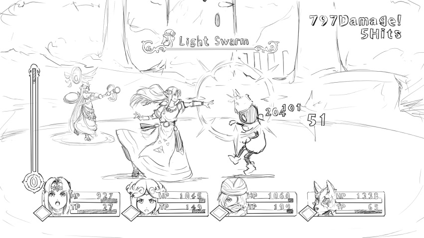1boy 3girls automatic_giraffe belt bracer commentary dress english_commentary english_text fake_screenshot gameplay_mechanics greyscale halo heads-up_display health_bar highres jewelry kid_icarus kirby_(series) leaning_forward long_hair magic monochrome multiple_girls necklace number outstretched_arm palutena parody portrait primid princess_zelda sheik shield short_sleeves shoulder_armor sketch staff standing star_fox super_smash_bros. tabard tales_of_(series) the_legend_of_zelda the_legend_of_zelda:_a_link_between_worlds the_legend_of_zelda:_a_link_to_the_past the_legend_of_zelda:_ocarina_of_time triforce very_long_hair whispy_woods wolf_o'donnell