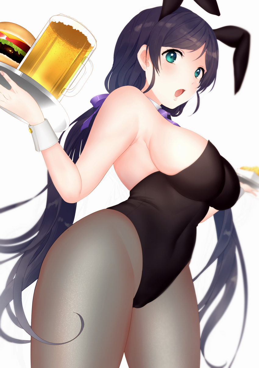 1girl :o =o absurdres alcohol animal_ears bangs bare_shoulders beer beer_mug black_legwear blush bow breasts bunny_girl bunnysuit detached_collar food french_fries green_eyes hair_bow hamburger highres holding holding_tray kazehana_(spica) large_breasts leotard long_hair looking_at_viewer love_live! love_live!_school_idol_project open_mouth pantyhose parted_bangs purple_bow purple_hair purple_neckwear rabbit_ears sideboob sleeveless strapless toujou_nozomi tray twintails very_long_hair wrist_cuffs