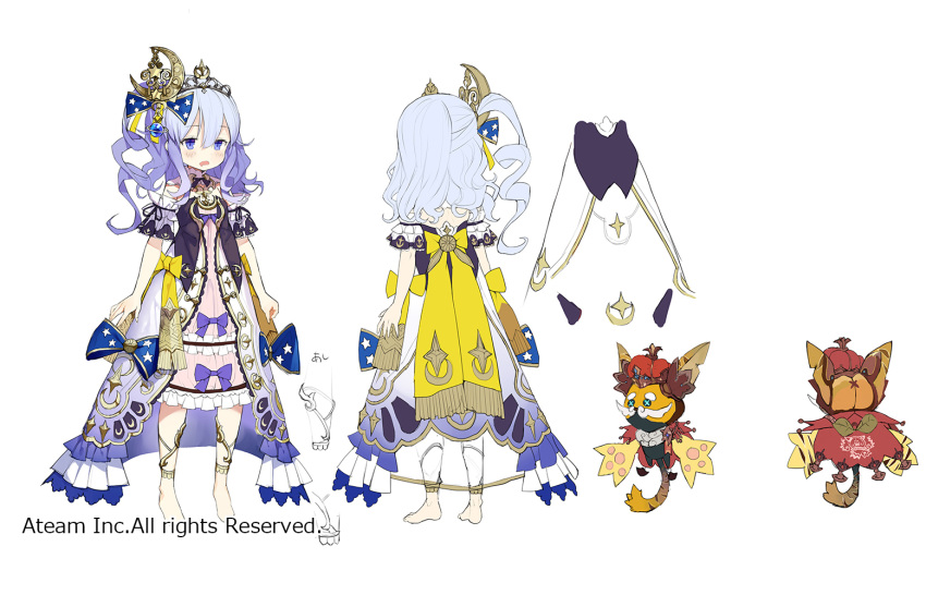 anklet arms_at_sides barefoot blue_bow bow character_sheet crown dress eyebrows_visible_through_hair hair_bow hair_ornament jewelry long_hair looking_at_viewer mani_(valkyrie_connect) matsui_hiroaki multiple_views official_art one_side_up purple_dress purple_hair saliva saliva_trail short_sleeves standing stuffed_animal stuffed_toy tiara valkyrie_connect violet_eyes watermark