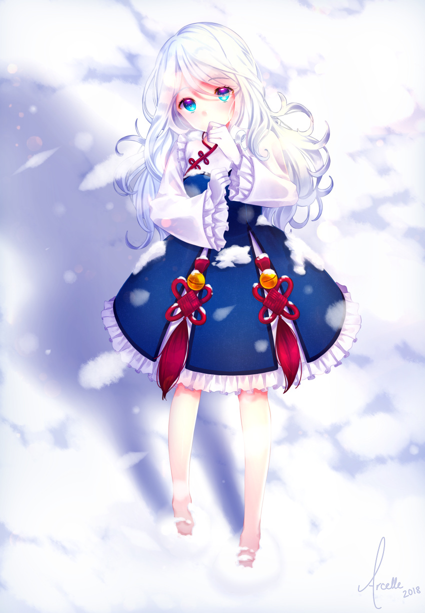 1girl 2018 absurdres arcelle artist_name bare_legs barefoot blue_dress blue_eyes dress frilled_dress frills full_body gloves highres legs_apart long_hair looking_at_viewer maplestory maplestory_2 multicolored multicolored_eyes pink_eyes priest_(maplestory_2) signature snow solo standing tassel wavy_hair white_gloves white_hair