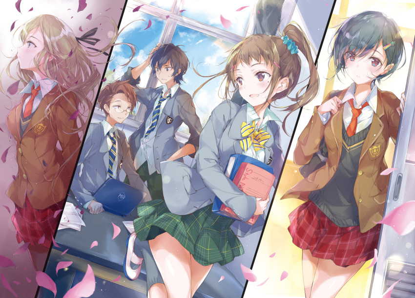 2boys 3girls akamori_haruka bag bangs binder blazer blonde_hair blue_eyes blue_scrunchie blush bow brown_eyes brown_hair brown_jacket character_request closed_mouth collared_shirt computer curtains desk door duffel_bag eyebrows_visible_through_hair falling_petals green_hair green_skirt grey_blazer grey_jacket grey_sweater hair_ornament hair_scrunchie hairclip holding_notebook indoors jacket kneehighs laptop lens_flare light long_hair long_sleeves looking_at_another looking_at_viewer looking_away looking_back looking_up miniskirt mole mole_under_eye multiple_boys multiple_girls multiple_views neck_ribbon necktie notebook novel_illustration official_art open_blazer open_clothes open_door open_jacket open_mouth parted_lips petals plaid plaid_skirt pleated_skirt ponytail profile pulp_piroshi red_eyes red_neckwear red_skirt ribbon running school school_bag school_uniform scrunchie shirt shoes short_hair skirt sliding_doors standing sweater thighs uwabaki very_long_hair white_shirt window wing_collar yagate_haruka_sora_wo_tsunagu yellow_bow yellow_neckwear