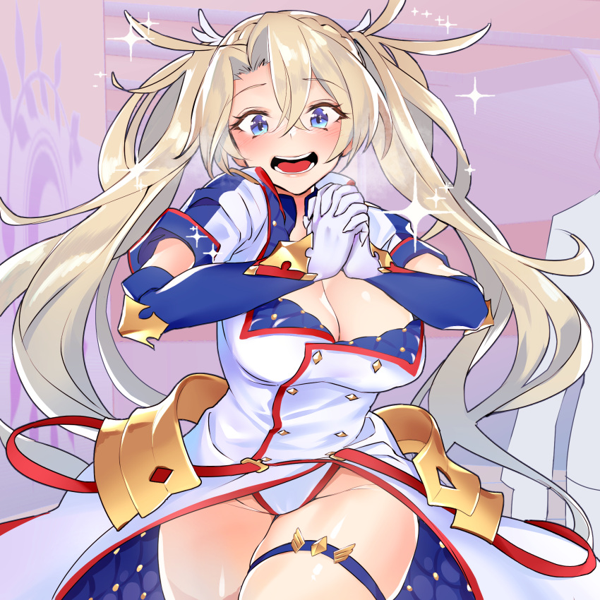 1girl bangs blonde_hair blue_eyes blush bradamante_(fate/grand_order) braid breasts crown_braid fate/grand_order fate_(series) faulds hair_between_eyes highres large_breasts long_hair long_sleeves looking_at_viewer noinoise open_mouth smile solo thigh_strap thighs twintails very_long_hair