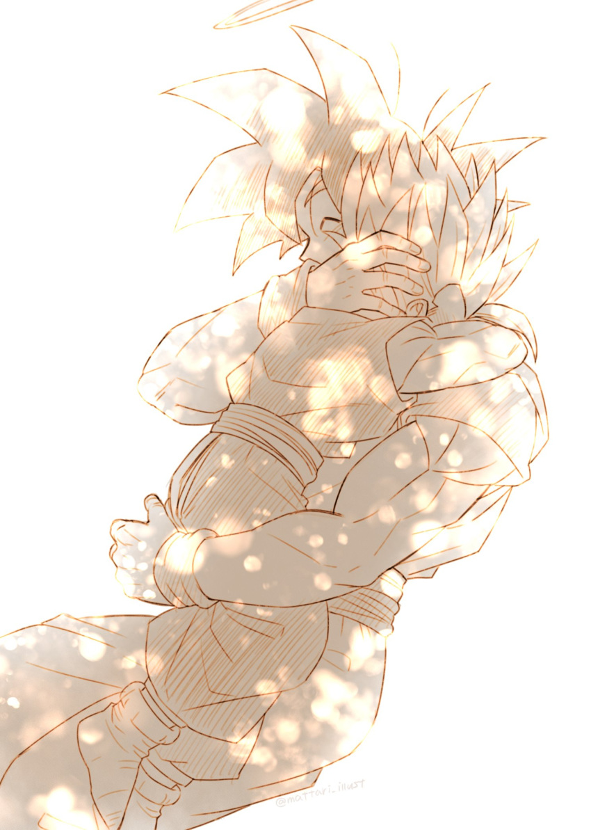 2boys ^_^ arms_around_neck backlighting blurry bokeh closed_eyes depth_of_field dougi dragon_ball dragon_ball_z father_and_son fingernails halo hand_on_another's_head happy highres hug light_particles male_focus mattari_illust monochrome multiple_boys sepia simple_background son_gohan son_gokuu spiky_hair twitter_username white_background wristband