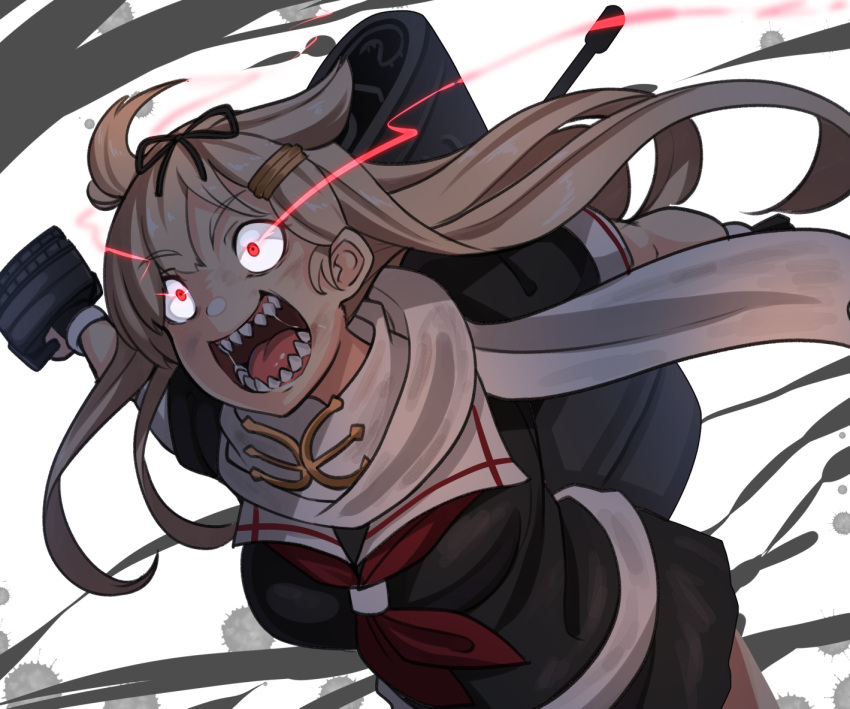 1girl black_gloves black_ribbon black_serafuku black_shirt blonde_hair commentary_request constricted_pupils crazy crazy_eyes fingerless_gloves gloves hair_flaps hair_ornament hair_ribbon hairclip kantai_collection light_trail long_hair neckerchief open_mouth red_eyes red_neckwear remodel_(kantai_collection) ribbon rigging ryuun_(stiil) sailor_collar scarf school_uniform serafuku sharp_teeth shirt short_sleeves smokestack solo teeth upper_body white_scarf yuudachi_(kantai_collection)