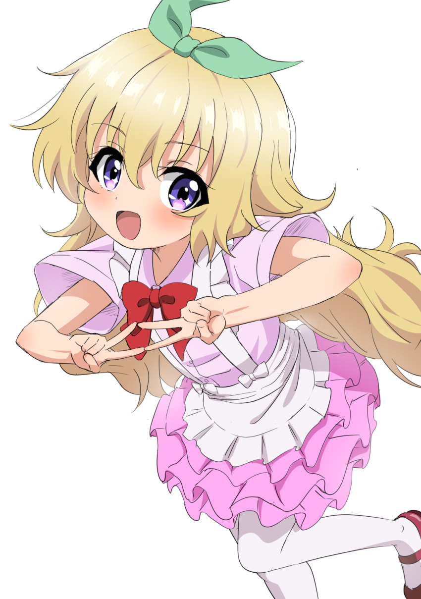 1girl :d apron blonde_hair bow bowtie close-up commentary double_v dress frilled_skirt frills hair_bow hasegawa_mii highres idol leg_up long_hair looking_at_viewer open_mouth pantyhose re:stage! shoes simple_background sketch skirt smile solo sparkling_eyes trg-_(sain) v violet_eyes white_background white_legwear