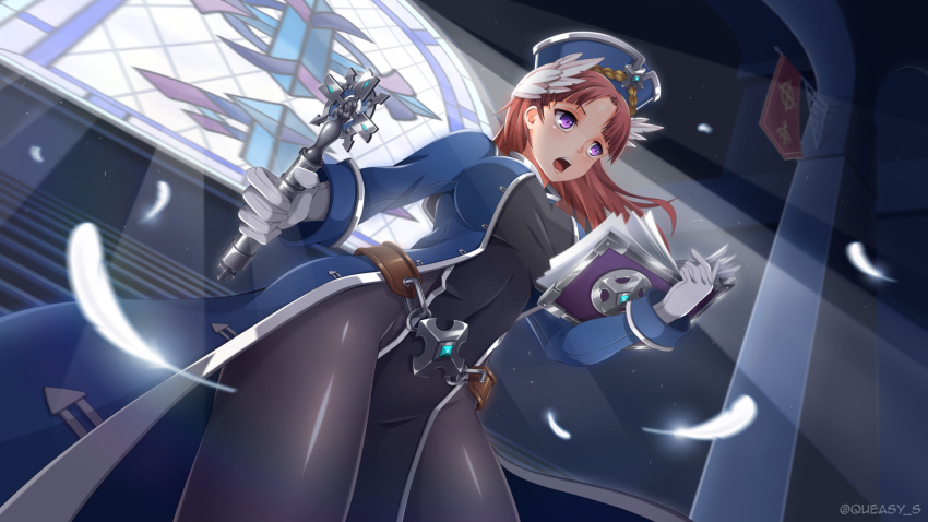 1girl :o bangs belt black_legwear blue_coat blue_headwear book brown_hair feathers from_below gloves highres holding holding_book holding_wand long_hair looking_away maplestory maplestory_2 open_mouth pantyhose parted_bangs priest_(maplestory_2) queasy_s solo stained_glass tabard twitter_username violet_eyes wand white_gloves window