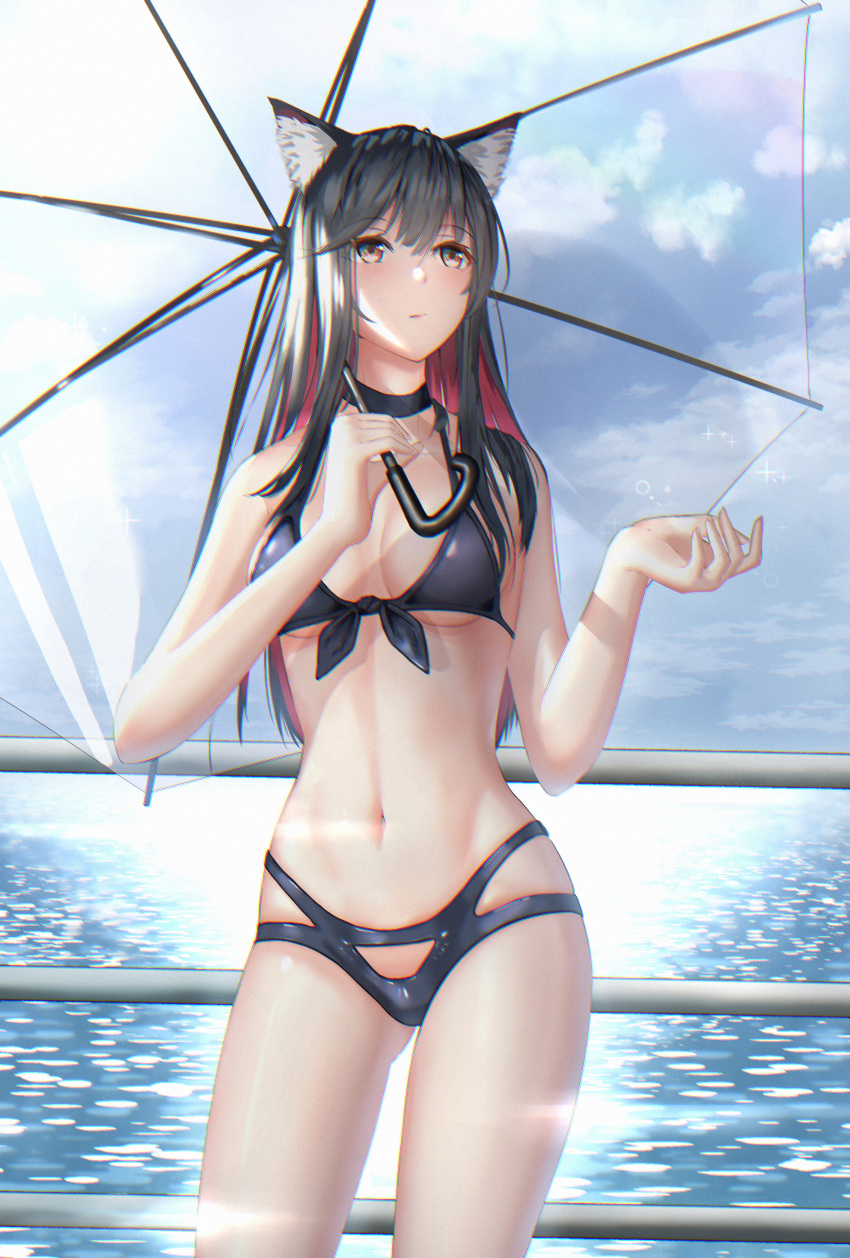 1girl absurdres animal_ear_fluff animal_ears arknights ass_visible_through_thighs bangs bare_arms bare_shoulders bikini black_bikini black_choker black_hair blue_sky blush breasts brown_eyes chinese_commentary choker clouds commentary_request cowboy_shot day eleaaa eyebrows_visible_through_hair front-tie_bikini front-tie_top hair_between_eyes highres holding holding_umbrella long_hair looking_up medium_breasts multicolored_hair navel outdoors railing redhead sky solo standing stomach swimsuit texas_(arknights) thighs transparent transparent_umbrella umbrella water wolf_ears