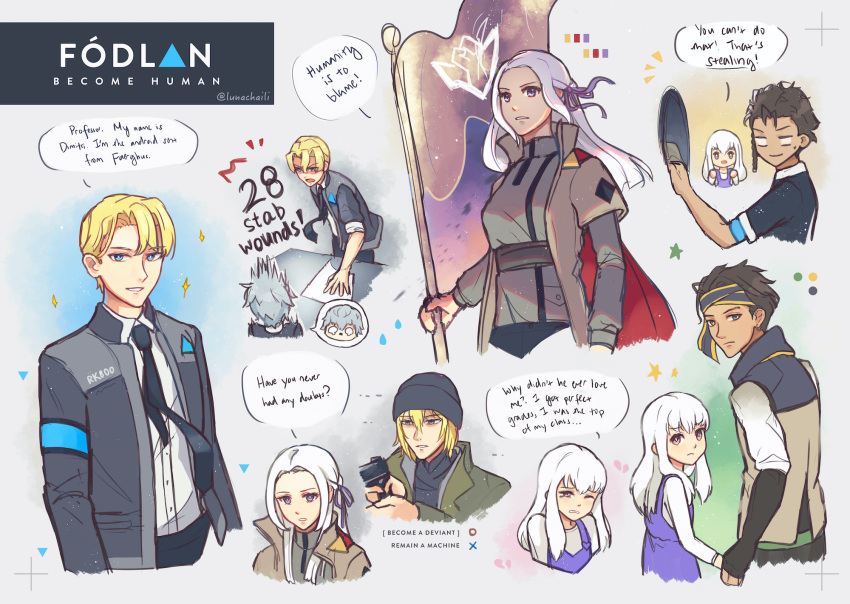 2girls 3boys alice_williams alice_williams_(cosplay) ashe_ubert claude_von_riegan connor_(detroit) connor_(detroit)_(cosplay) cosplay detroit:_become_human dimitri_alexandre_blaiddyd edelgard_von_hresvelg english_text fire_emblem fire_emblem:_three_houses flag highres kara_(detroit) lunachaili lysithea_von_ordelia markus_(detroit) markus_(detroit)_(cosplay) multiple_boys multiple_girls parody speech_bubble