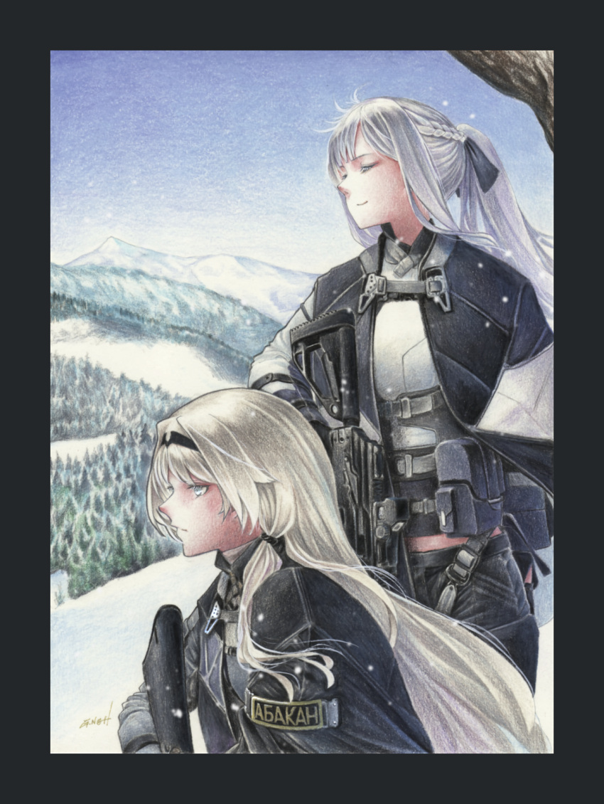 2girls ak-12_(girls_frontline) an-94_(girls_frontline) assault_rifle bangs blue_eyes blue_sky braid closed_eyes closed_mouth commentary_request french_braid girls_frontline gun highres horizon jacket long_hair low_tied_hair millipen_(medium) mountain mountainous_horizon multiple_girls pants platinum_blonde_hair rifle scenery sidelocks silver_hair sky tactical_clothes tesun_(g_noh) traditional_media watercolor_pencil_(medium) weapon