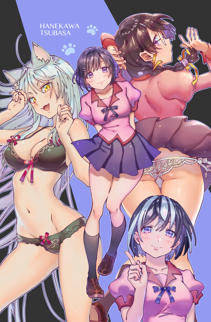 1girl animal_ears ass black_bra black_hair black_hanekawa black_panties bomhat bra braid breasts cat_ears character_name glasses hanekawa_tsubasa highres large_breasts monogatari_(series) multicolored_hair multiple_persona navel panties paw_pose school_uniform short_hair silver_hair stomach twin_braids two-tone_hair underwear white_hair white_panties yellow_eyes