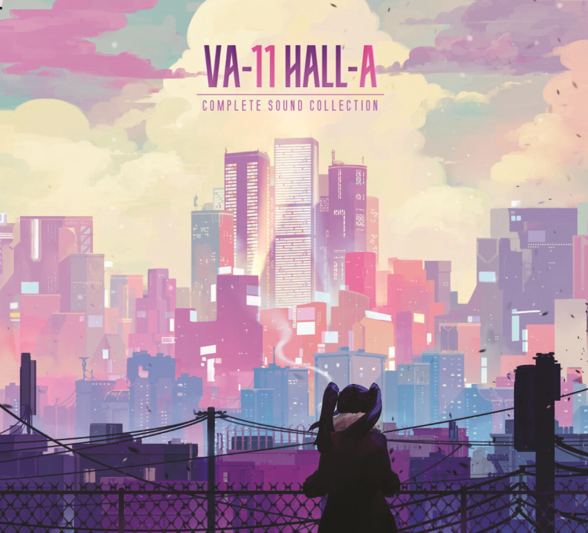 1girl album_cover aurahack building chain-link_fence cityscape commentary cover cyberpunk english_commentary fence from_behind jill_stingray long_hair md5_mismatch official_art skyscraper smoke smoking solo twintails va-11_hall-a vaporwave