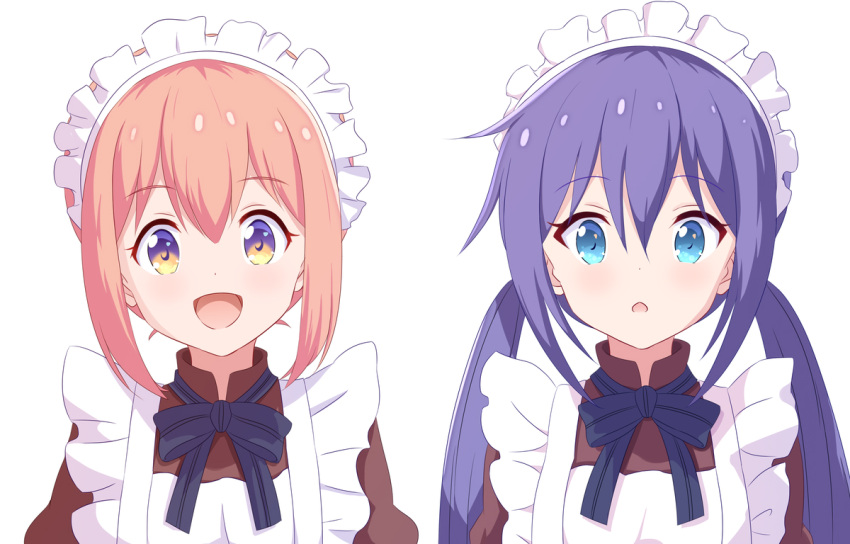 2girls :d apron bangs black_bow blue_eyes blush bow brown_dress brown_hair commentary_request derivative_work dress eyebrows_visible_through_hair frilled_apron frills hair_between_eyes koisuru_asteroid konohata_mira long_hair looking_at_viewer maid_apron maid_headdress manaka_ao multiple_girls open_mouth parted_lips puffy_sleeves purple_hair sidelocks simple_background smile striped striped_bow twintails upper_body violet_eyes white_apron white_background yutsuki_warabi