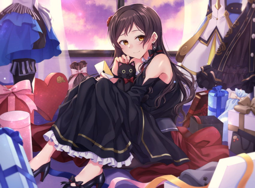 1girl bangs black_bow black_dress black_footwear black_rabbit bow brown_eyes brown_hair closed_mouth dress earrings eyebrows_visible_through_hair flower hair_flower hair_ornament highres holding_letter idolmaster idolmaster_million_live! idolmaster_million_live!_theater_days jewelry kitazawa_shiho long_dress long_hair looking_at_viewer nail_polish off-shoulder_dress off_shoulder pumps red_flower red_nails shiny shiny_hair sitting smile solo stuffed_animal stuffed_toy very_long_hair