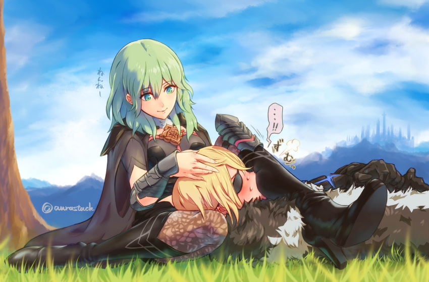 ...! 1boy 1girl armor aurastack bangs black_armor black_cape black_footwear black_gloves blonde_hair blue_sky blush boots breasts brown_legwear byleth_(fire_emblem) byleth_eisner_(female) cape clouds commentary_request day detached_collar dimitri_alexandre_blaiddyd emblem eyebrows_visible_through_hair eyepatch fire_emblem fire_emblem:_three_houses full_body fur-trimmed_cape fur_trim gloves grass green_eyes green_hair hand_on_another's_head high_heel_boots high_heels horizon knee_boots lap_pillow large_breasts long_hair looking_at_another lying mountainous_horizon on_back outdoors patterned_clothing short_hair shoulder_armor sitting sky smile sweatdrop tree twitter_username wariza wrist_guards