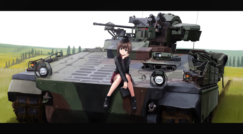 1girl absurdres ankle_boots bangs black_footwear black_headwear black_jacket black_legwear boots brown_eyes brown_hair chin_rest clipboard closed_mouth commentary day field garrison_cap girls_und_panzer grass hat highres holding insignia jacket kk90 kuromorimine_military_uniform long_sleeves looking_at_viewer marder_ifv military military_hat military_uniform miniskirt nishizumi_maho outdoors pleated_skirt red_skirt short_hair sitting skirt smile socks solo uniform