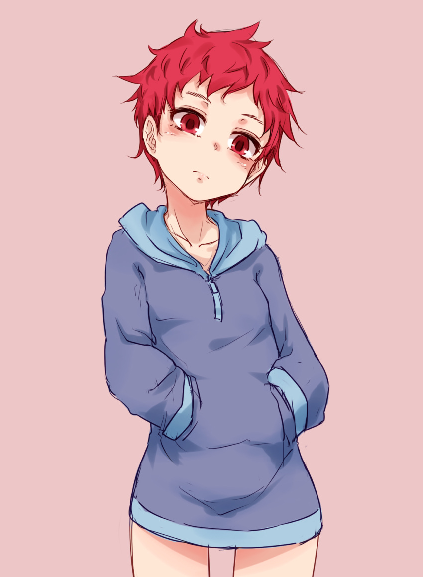 1girl closed_mouth dress hands_in_pockets highres hood hoodie hourai_kochou kumatora looking_at_viewer mother_(game) mother_3 overalls pink_hair red_eyes redhead short_hair simple_background solo