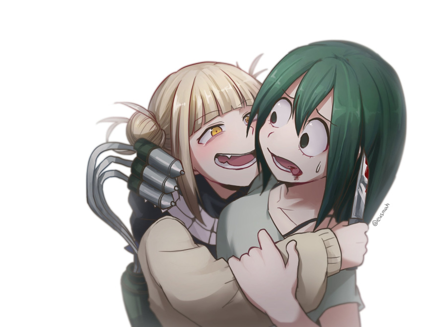 2girls asui_tsuyu bangs blonde_hair blood bloody_knife bloody_mouth bloody_weapon blunt_bangs blush boku_no_hero_academia cardigan commentary_request double_bun eyebrows_visible_through_hair fangs green_eyes green_hair hair_between_eyes hamsue highres holding hug knife korean_commentary looking_at_another messy_hair multiple_girls open_mouth school_uniform serafuku simple_background smile sweatdrop toga_himiko twitter_username upper_body weapon white_background yellow_eyes