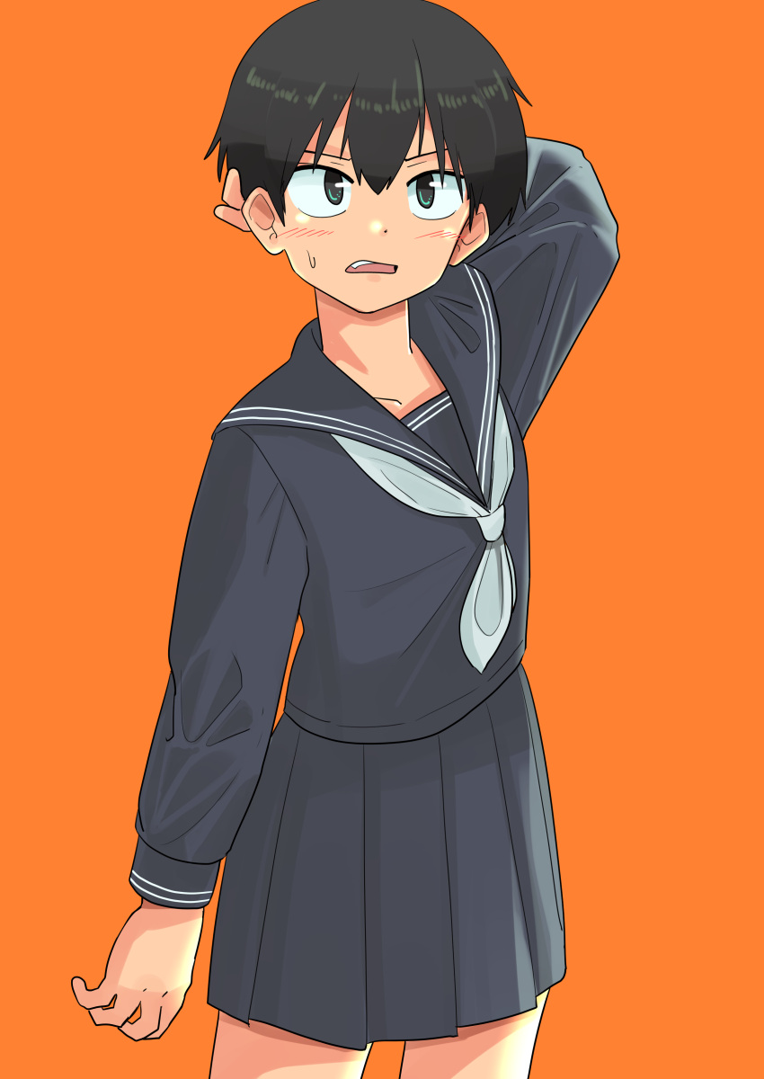 1girl absurdres black_hair blush fang haida_katsuretsu highres orange_background original school_uniform serafuku short_hair simple_background solo sweatdrop tomboy very_short_hair