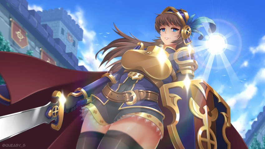1girl armor armored_dress belt black_dress black_gloves black_legwear blue_eyes brown_hair cape castle cowboy_shot day dress feathers from_below gloves gold_armor helmet highres holding holding_sword holding_weapon knight_(maplestory_2) long_hair looking_at_viewer maplestory maplestory_2 miniskirt outdoors parted_lips pauldrons queasy_s skirt sky smile solo standing sun sword thigh-highs weapon zettai_ryouiki