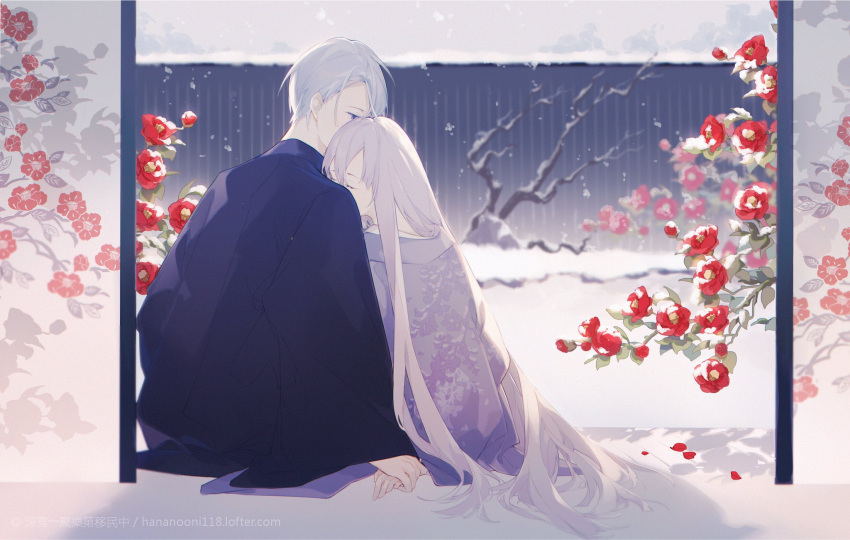 1boy 1girl bare_tree blue_eyes blurry camellia closed_eyes couple covered_mouth depth_of_field female_saniwa_(touken_ranbu) flower from_behind haori head_on_shoulder hetero highres holding_hands japanese_clothes kimono long_hair long_sleeves looking_at_another miyuki_(miyuki0529) petals purple_hair red_flower saniwa_(touken_ranbu) shadow silver_hair sitting sliding_doors snowing touken_ranbu tree very_long_hair watermark web_address winter yamanbagiri_chougi