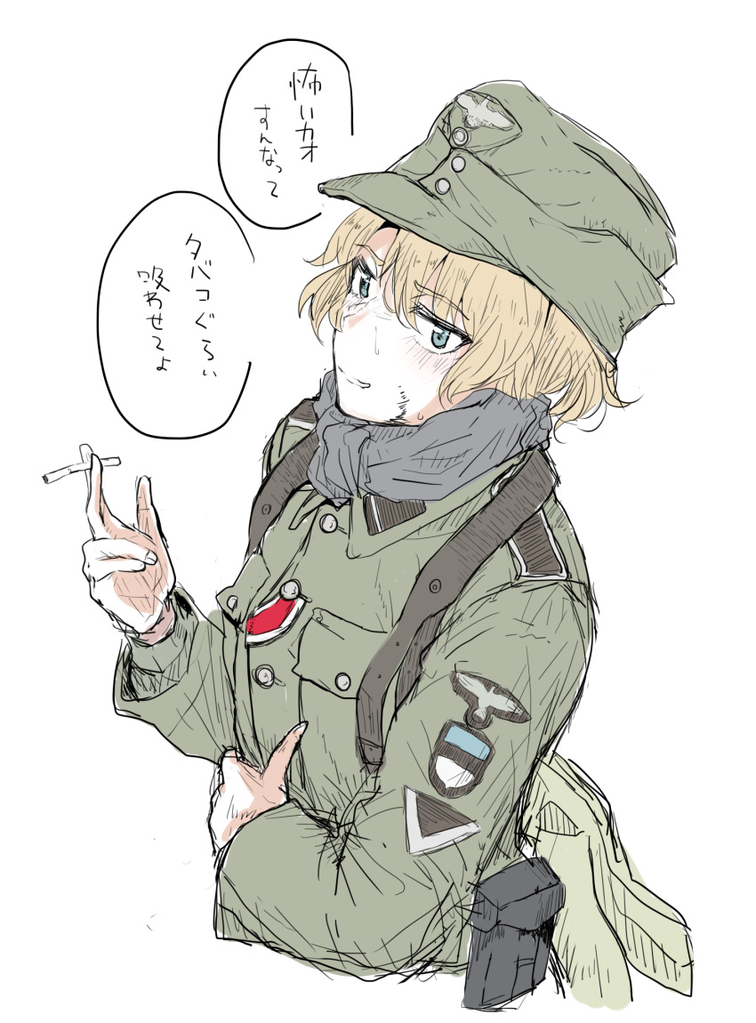 1girl aqua_eyes blonde_hair cigarette garrison_cap germany hat highres military military_uniform original shichisaburo short_hair smoking solo translated uniform upper_body white_background world_war_ii