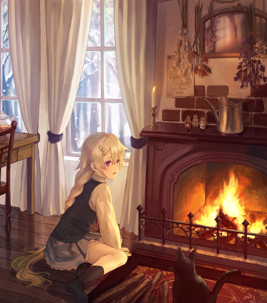 1girl absurdres black_cat braid brick candle cat chair curtains fire fireplace flower highres long_hair nomuraumu original pleated_skirt rug skirt snow socks table very_long_hair vest violet_eyes white_hair window wood wooden_floor wooden_table