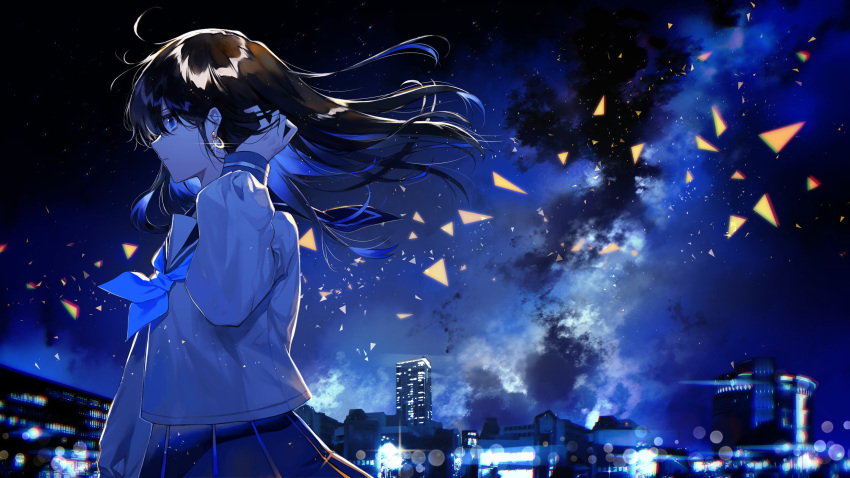 1girl bangs black_hair blue_eyes blue_neckwear building chromatic_aberration cityscape clouds commentary_request earrings from_side fuuna_(conclusion) glint hair_between_eyes hair_tucking hand_up highres jewelry long_hair long_sleeves navy_blue_skirt neckerchief night night_sky original outdoors partial_commentary pleated_skirt sailor_collar school_uniform serafuku skirt sky skyscraper solo star_(sky) starry_sky wind