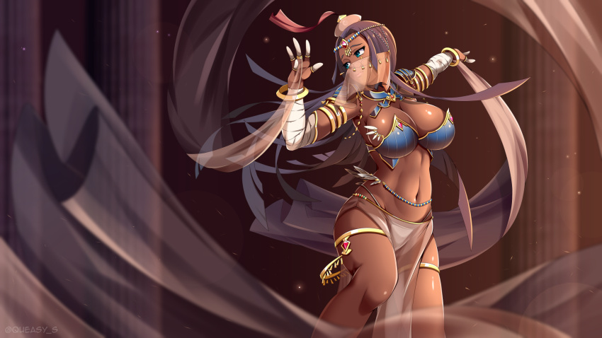 1girl armlet bare_legs blue_eyes breasts circlet closed_mouth cowboy_shot dancer dancing dark_skin egyptian egyptian_clothes fate/grand_order fate_(series) head_chain highres huge_breasts jewelry long_hair looking_away pink_headwear purple_background purple_hair queasy_s raised_eyebrows ring sash scheherazade_(fate/grand_order) see-through shiny shiny_skin solo thighlet twitter_username veil