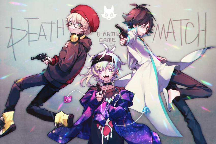 3boys ahoge black_hair blonde_hair choker green_eyes gun handgun hat headband iida_rintarou lip_piercing looking_at_viewer multicolored_hair multiple_boys niimura_kou okami_game_(werewolf) piercing pistol rainbow_hair safety_pin shimogu shimotsuki_yuminari sleeves_past_fingers sleeves_past_wrists weapon