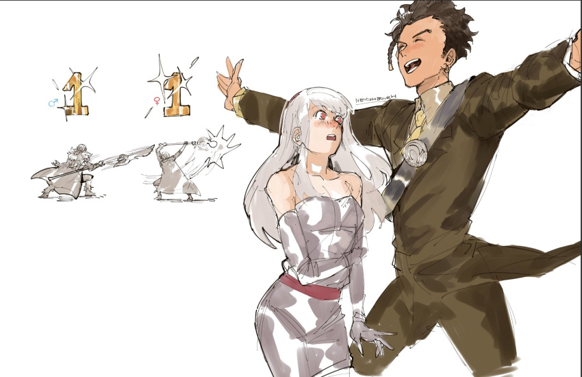 2boys 2girls alternate_costume artist_name axe brown_hair cape claude_von_riegan closed_eyes dark_skin dark_skinned_male dimitri_alexandre_blaiddyd dress earrings edelgard_von_hresvelg elbow_gloves fire_emblem fire_emblem:_three_houses fire_emblem_heroes gloves highres holding holding_axe jewelry long_hair long_sleeves lysithea_von_ordelia multiple_boys multiple_girls necktie open_mouth outstretched_arms pink_eyes polearm short_hair simple_background spread_arms weapon white_background white_gloves white_hair yrfreakyneighbr