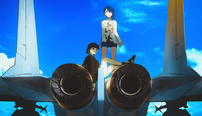 2girls aircraft airplane asymmetrical_hair aurahack bangs black_hair blue_eyes blue_eyeshadow blue_hair blue_sky fighter_jet glasses hair_over_one_eye jet looking_at_viewer military military_vehicle multiple_girls on_vehicle original reclining rimless_eyewear round_eyewear shirt shoes short_hair shorts sky sneakers standing t-shirt