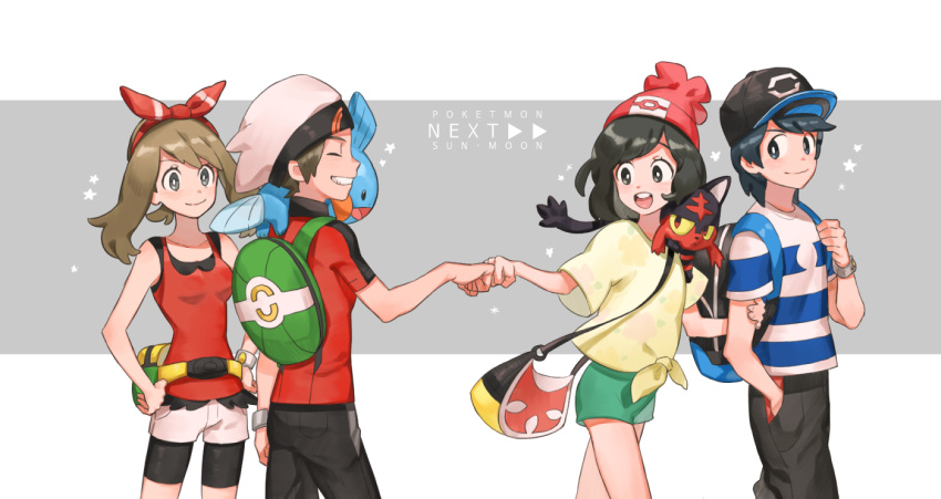 2boys 2girls backpack bag baseball_cap beanie black_eyes black_hair black_headwear breasts brown_hair copyright_name creature facing_another flat_chest gen_3_pokemon gen_7_pokemon grey_eyes hand_in_pocket handbag hands_on_hips haruka_(pokemon) hat hum_(fpswp777) litten looking_at_another medium_hair mizuki_(pokemon) mudkip multiple_boys multiple_girls pants pokemon pokemon_(creature) pokemon_(game) pokemon_on_shoulder pokemon_oras pokemon_sm shirt shorts small_breasts star striped striped_shirt tied_shirt twintails upper_body wristband yellow_shirt you_(pokemon) yuuki_(pokemon)