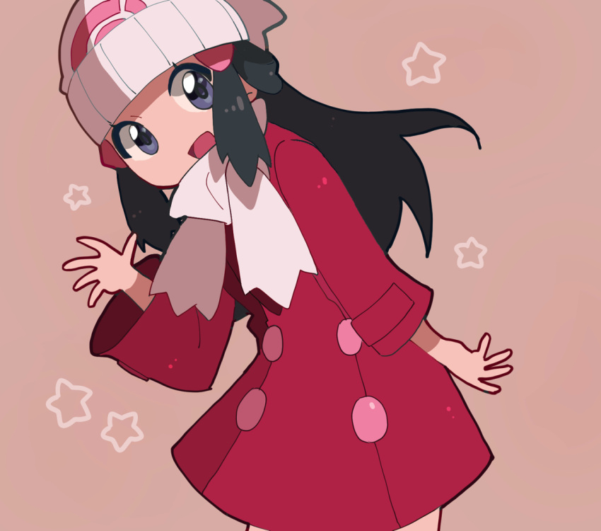 :d beanie black_hair grey_eyes happy hat hikari_(pokemon) leaning_forward long_hair open_mouth pokemon pokemon_(game) pokemon_dppt pokemon_platinum rifu_(hunihuni1130) scarf simple_background smile solo standing star upper_body waving white_headwear white_scarf