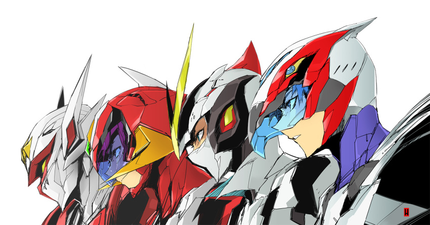 4boys blue_eyes casshan_robot_hunter casshern closed_mouth company_connection face gatchaman hariken_polymar harymachinegun hatching_(texture) helmet ken_the_eagle male_focus mask multiple_boys parted_lips polymar simple_background smile tatsunoko_pro tekkaman_(character) uchuu_no_kishi_tekkaman white_background