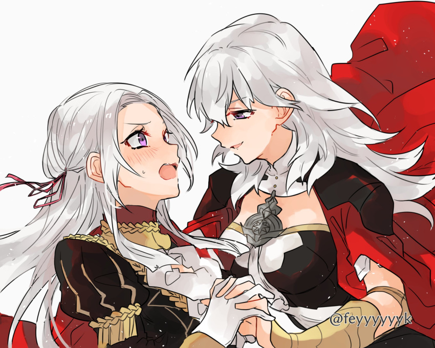 2girls alternate_color blush byleth_(fire_emblem) byleth_eisner_(female) cape edelgard_von_hresvelg feyyyyyyk fire_emblem fire_emblem:_three_houses garreg_mach_monastery_uniform gloves grey_background hair_ribbon highres long_hair long_sleeves multiple_girls open_mouth red_cape ribbon simple_background super_smash_bros. twitter_username uniform violet_eyes white_gloves white_hair