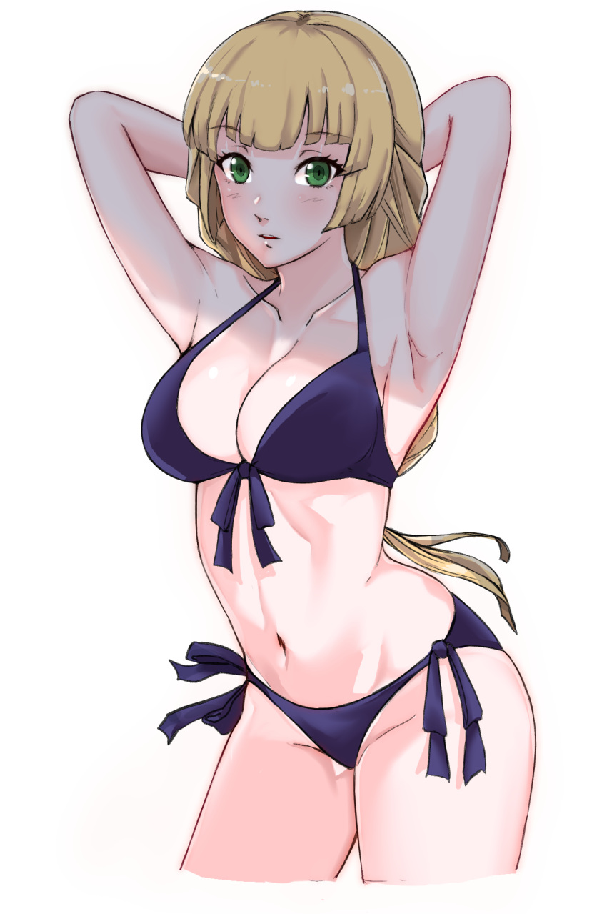 1girl armpits arms_up bikini black_bikini blonde_hair breasts cowboy_shot cropped_legs cute fire_emblem fire_emblem:_three_houses fire_emblem:_three_houses fire_emblem_16 front-tie_bikini front-tie_top green_eyes highres ingrid_brandl_galatea intelligent_systems long_hair navel nintendo purple_bikini sexy side-tie_bikini swimsuit white_background