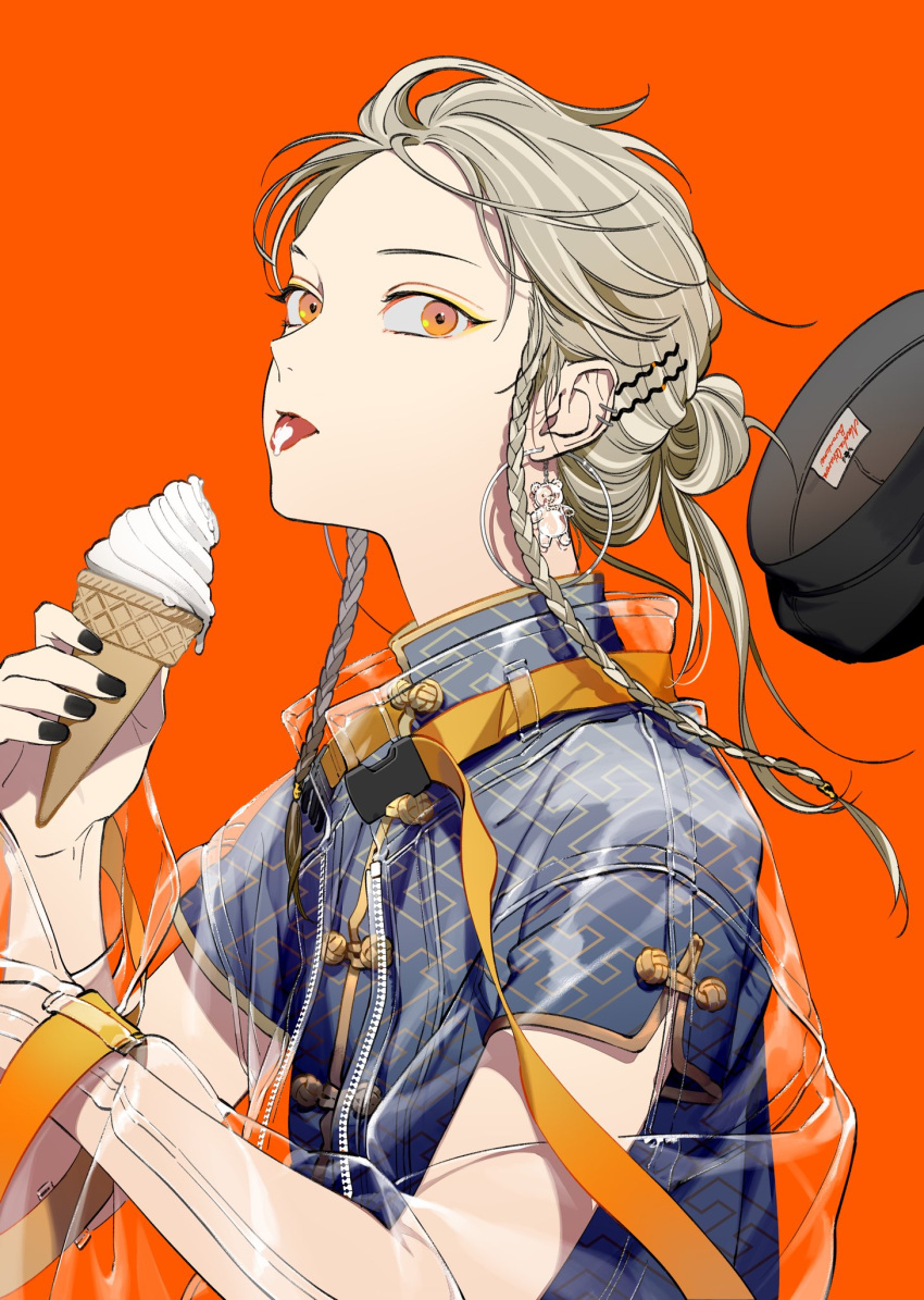 1girl belt_buckle blonde_hair braid buckle chinese_clothes earrings food hair_ornament hairclip hat highres hoop_earrings ice_cream ice_cream_cone jacket jewelry kazari_tayu makeup nail_polish orange_eyes original see-through simple_background soft_serve solo strap tongue tongue_out